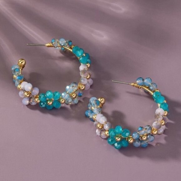 TRINA BLUE BEADED FLOWER HOOP EARRINGS - Picture 1 of 2